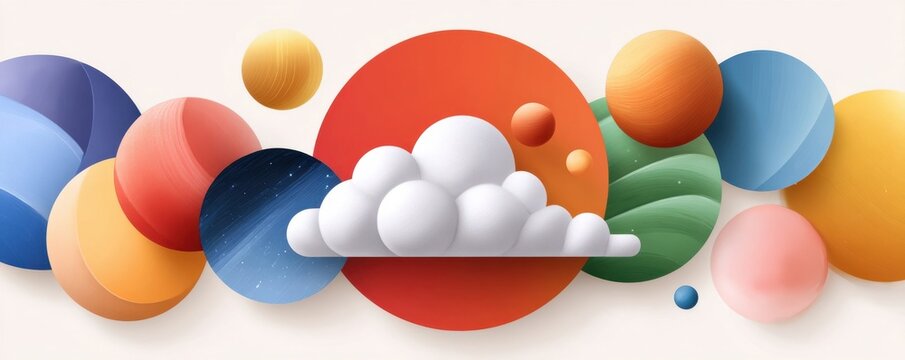 Isometric cloud icon surrounded by colorful circles creating an abstract, modern design composition