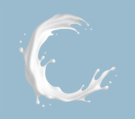 Realistic milk splash on blue background. Vector dairy concept
