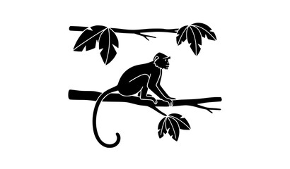 Minimal langur monkey jungle tree branch silhouette hand drawn vector illustration © ema
