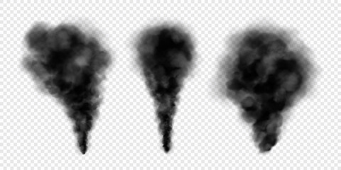 Realistic set of black smoke isolated on transparent background. Black smoke clouds, dirty toxic fog or smog. Vector illustration