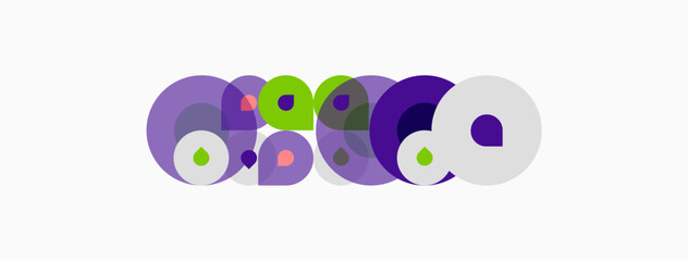Abstract circles form logo. Purple, green, white hues dominate design. Modern, playful aesthetic present. Simple composition.