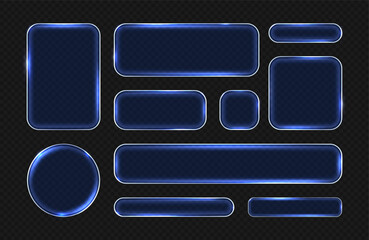 Transparent  neon glass frames collection with glowing effect. Futuristic interface design on transparent background. Vector illustration