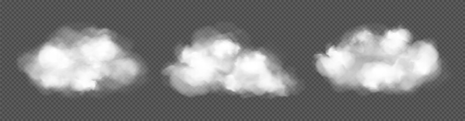 White clouds, fog or smoke isolated on transparent background. Concept of weather, meteorology. Vector realistic illustration