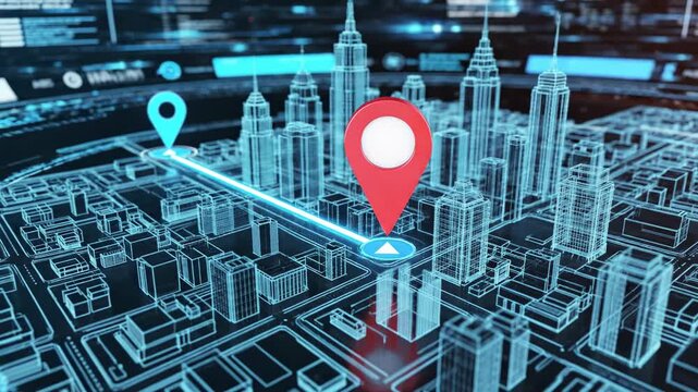 Futuristic Digital Cityscape With Holographic Building Wireframes And Navigation Map Data Overlay