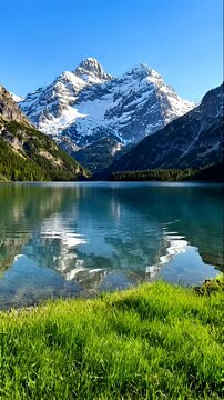 Stunning mountain landscape reflecting in a tranquil lake surrounded by lush greenery and clear blue skies.