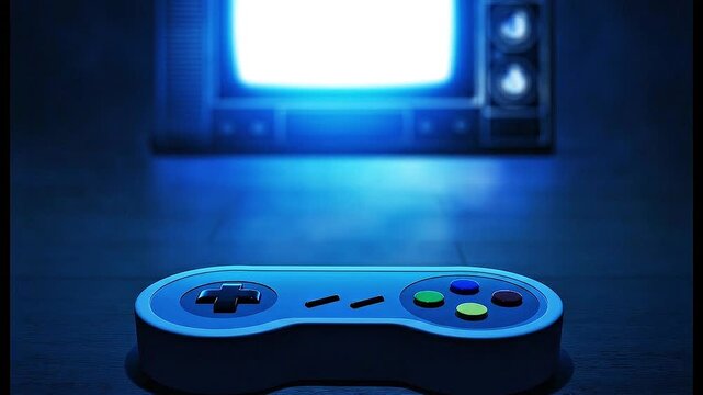 Close-up of a retro video game controller illuminated by a glowing blue television screen in a dark room perfect for streaming background, intro background, and podcast background