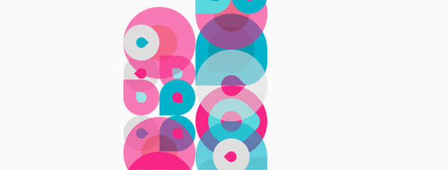 Abstract composition featuring overlapping circles. Pink, turquoise hues dominate white background. Modern design, simple shapes create visual interest.