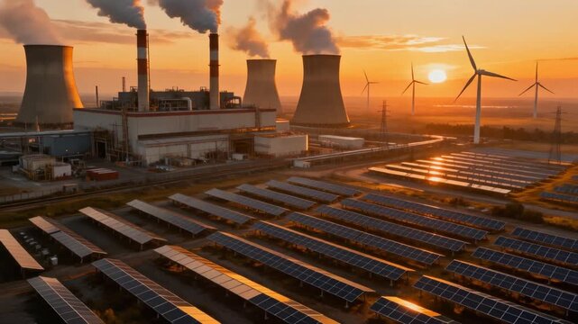 Industrial power plant with solar panels and wind turbines under warm sunset light, combining traditional energy infrastructure and renewable technologies in a dramatic industrial landscape.
