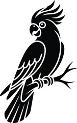 Fototapeta premium Black silhouette of a cockatoo bird perched on a branch, stylized vector illustration
