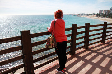 Mirando mar de playa apoyada en puente de paseo mar&iacute;timo con sol, horizonte y costa