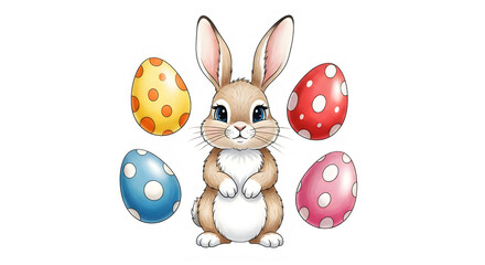 Easter bunny with colorful eggs isolated on transparent background