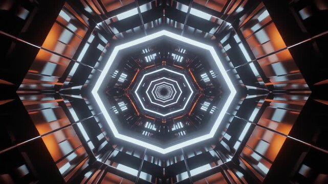 An infinite mirrored corridor folds into itself, creating surreal architecture. Camera travels forward, emphasizing dizzying reflections, depth, and otherworldly, immersive perspective.
