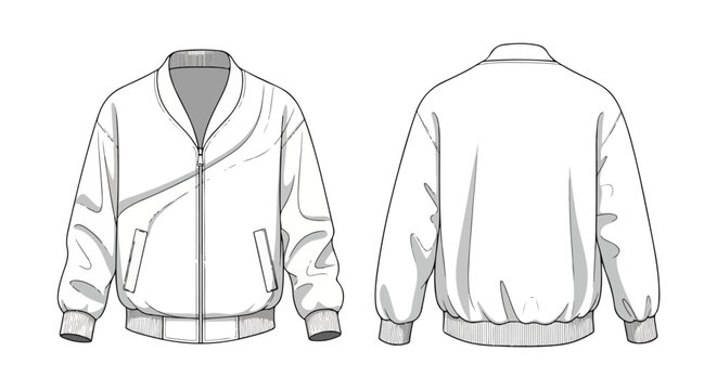 Detailed illustration of a white jacket shown from the front and back with gray outlines on a plain background.