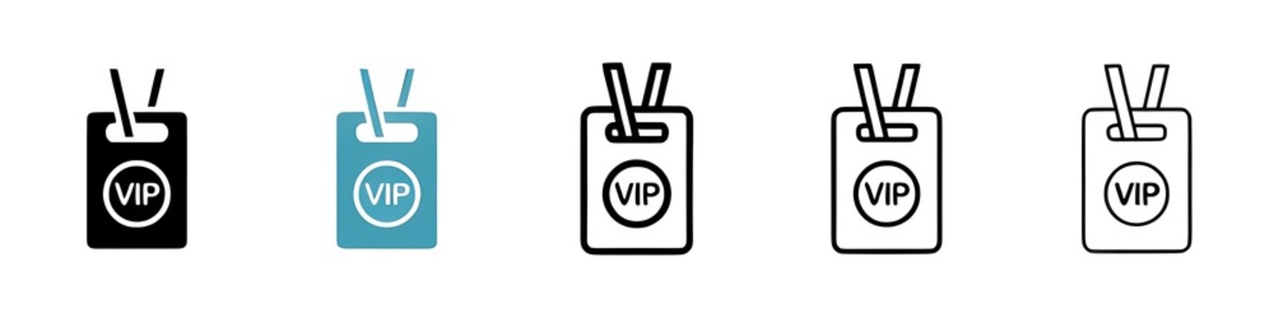 VIP neck tag vector illustration set. Exclusive membership pass icon for UI designs. Thin line customizable illustration. Contour symbol. Vector isolated outline drawing. Editable stroke
