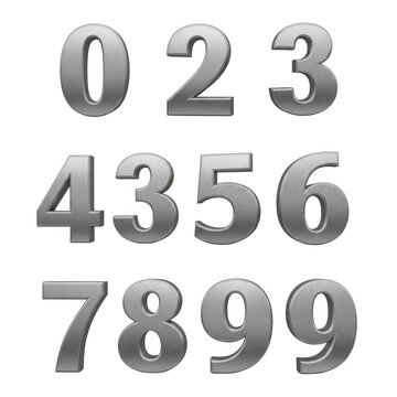 Collection of metallic silver numbers zero through nine isolated on transparent background