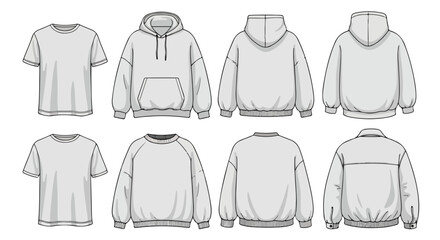 Detailed line drawings of eight different hooded and crewneck sweatshirt designs on a clean white background.