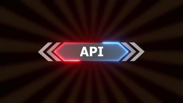 Futuristic API Text Animation: Neon HUD Gaming Title with Red and Blue Glow on Sunburst Motion Graphics Background