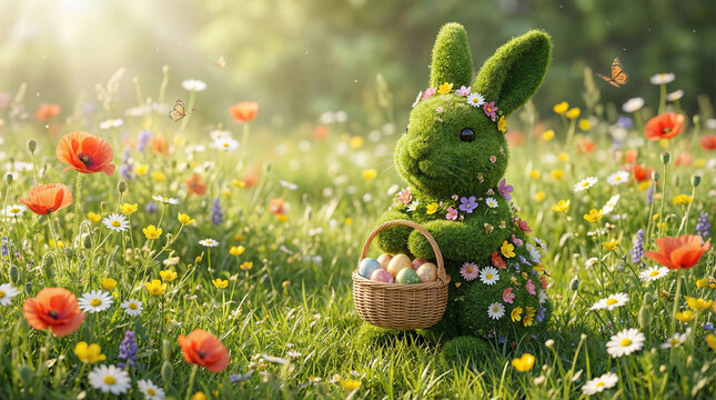 A charming Easter Bunny made of green grass and flowers sits on a sunny spring meadow with a basket of colorful eggs
