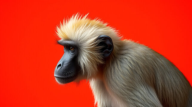 Bald Uakari monkey portrait photography with realistic textures and dramatic lighting against a solid bright color background, ample negative space for text.