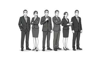 Vector silhouettes of men and a women, a group of standing business people, black and white color isolated on white background © althaf_stock