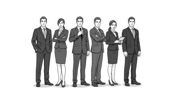 Vector silhouettes of men and a women, a group of standing business people, black and white color isolated on white background