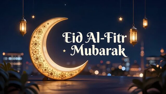 A video showcasing a beautiful crescent moon with lanterns in the background on Eid Al-Fitr Mubarak