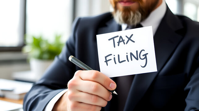 Writing note showing Tax Filing. Business concept for Submitting documens filed with tax payer financial information Male human with beard wear formal working suit clothes hand