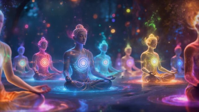 Human chakra points emitting dynamic glowing energy bursts, vibrant colors blending into a radiant aura, visualizing spiritual balance, inner energy flow, and holistic wellness.
