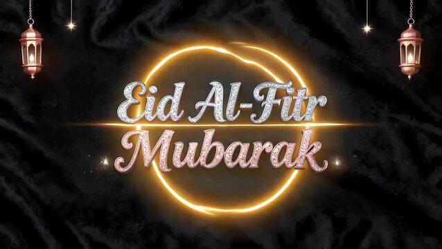 A festive video greeting card with Eid Al-Fitr Mubarak message and lanterns
