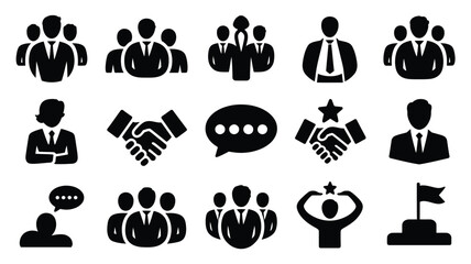 Business teamwork and leadership icons in black silhouette on white background symbolizing partnership and communication