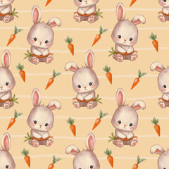 Obraz premium A seamless pattern featuring cute rabbits in a soft pastel watercolor style. A charming design for a child's room, ideal for fabric, wallpaper, wrapping paper, and children's decor.