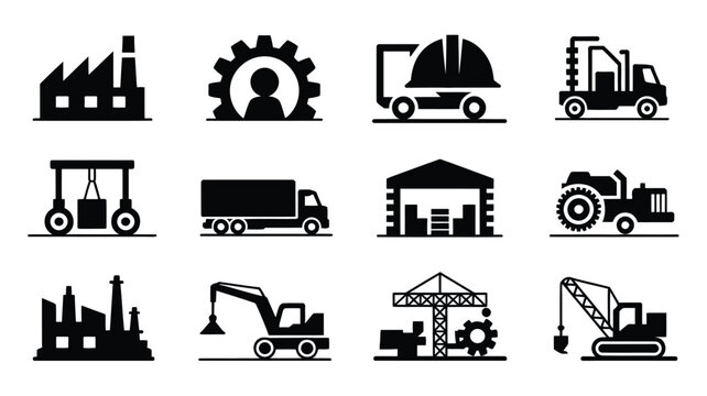 Industrial business silhouette logo bundle with various factory and construction vehicles on white background for design