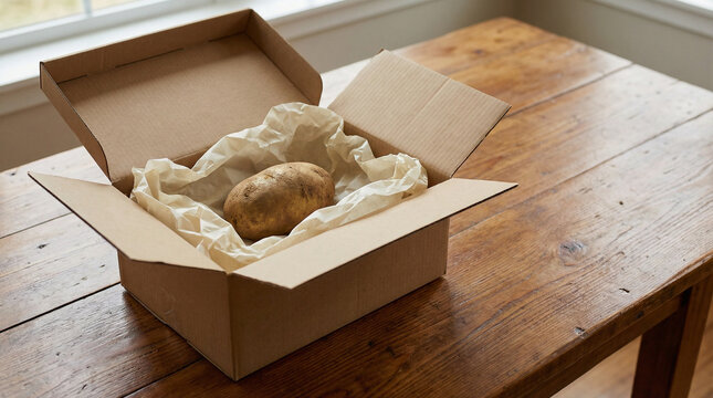 Single Raw Potato Inside An Open Cardboard Delivery Box On A Rustic Wooden Table For An April Fools Day Prank