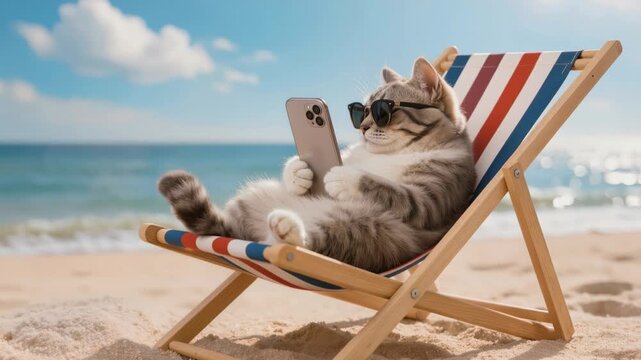Gray fluffy cat in sunglasses lounging on a striped deck chair on sandy beach while holding a smartphone. Humorous summer vacation concept with ocean view and blue sky backdrop.
