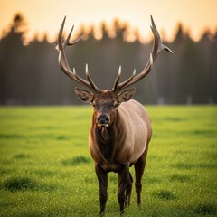 Fototapeta premium Majestic Elk Standing Proudly in a Lush Green Meadow.