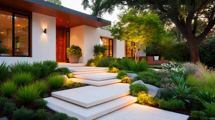 Modern Outdoor Landscape with Flagstone Stepping Stones and Directed Accent Lighting