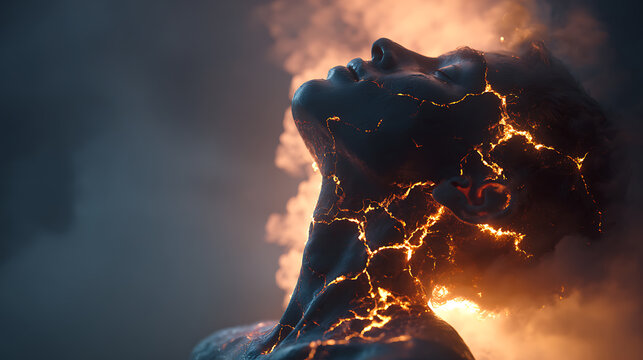 Conceptual close up portrait of woman with glowing cracks and smoke, symbolizing mental health crisis, emotional pain, burnout, trauma, inner conflict, resilience and healing transformation