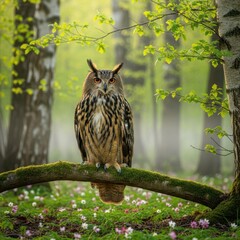 Obraz premium Majestic Eurasian Eagle-Owl Perched in a Lush Forest Setting.
