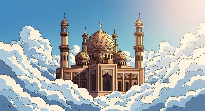 Majestic mosque floating serenely above fluffy clouds in a dreamlike sky