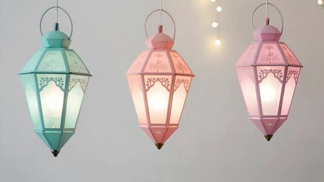 A video showcasing three colorful lanterns hanging from a ceiling with string lights in the background