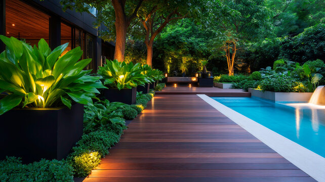 Modern Outdoor Living Space with Dark Timber Decking and Integrated Plant Spotlighting