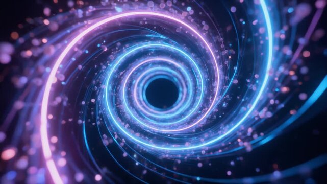 A floating glowing spiral of energy in zero-gravity space, with particles orbiting it. Futuristic, ethereal scene emphasizing motion, cosmic energy, and mesmerizing depth.