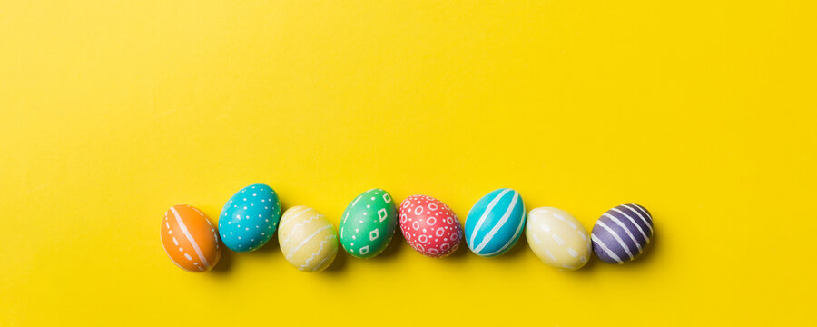 holiday preparation Multi colors Easter eggs on colored background . Pastel color Easter eggs. holiday concept with copy space