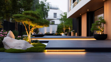 Obraz premium Modern Outdoor Rock Garden with Dark Slate Tiles Moss and Hidden LED Strip Lighting