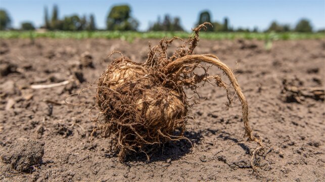A dry, compacted soil clod with tangled roots pulled from a farm field, showcasing agricultural conditions