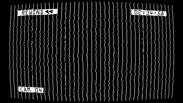 Retro VHS Surveillance Screen with Rewind Label, Distorted Grid Lines, and Timestamp Overlay