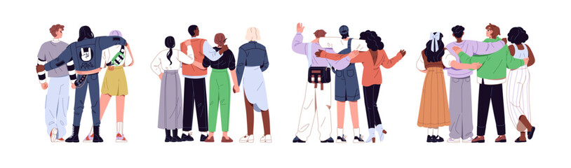 Set of hugging people from behind. Group of friends support and embrace back view. Happy family has fun and embraces. Diverse men and women hold hands. Flat isolated vector illustrations on white