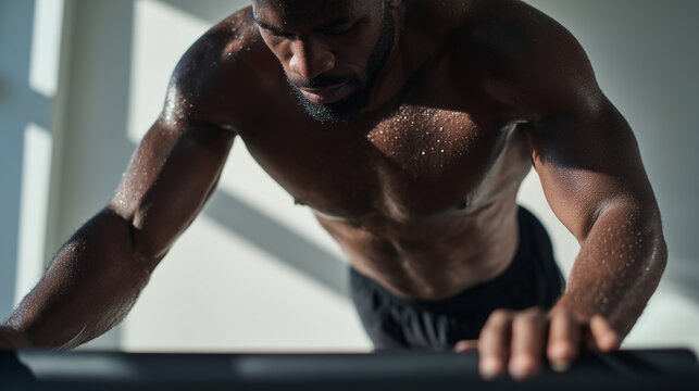 Black male practicing reformer hamstring curls. Focused lower-body strength and flexibility training. Afro american athlete during pilates exercise, workout. Healthy lifestyle.