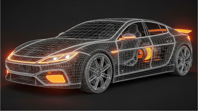3D vehicle autocad blueprint design illustration of a modern car with glowing orange lights on a dark background from a front angle perspective