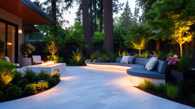 Modern Residential Exterior with Interlocking Concrete Pavers and Modern Bollard Lighting